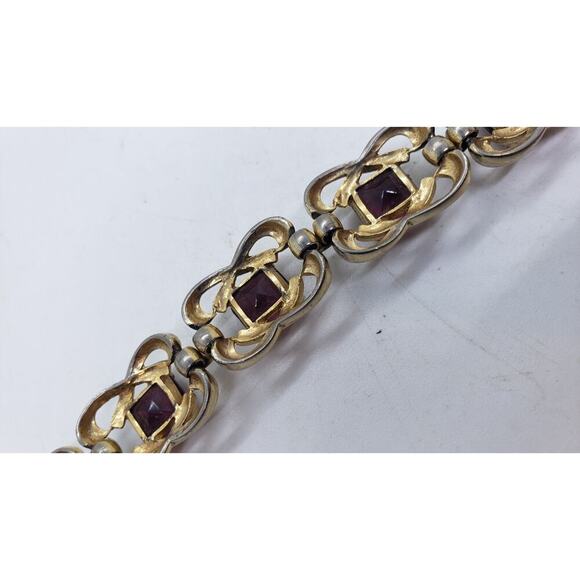 Vintage Link Bracelet Gold Wash Big Purple faceted Glass Stones Chunky Wide 60s - Picture 10 of 10
